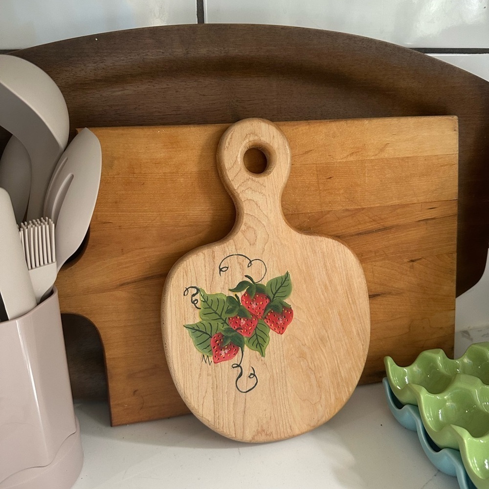 Solid Wood cutting board strawberry design Hand painted vintage small farmhouse